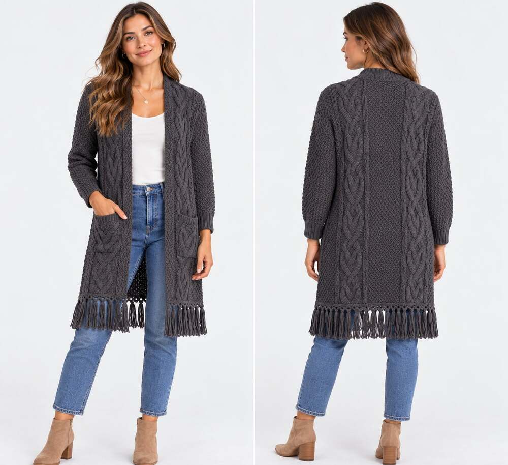 Rebecca Taylor Womens XS Charcoal Gray Cable Knit Fringe Hem Cardigan Duster